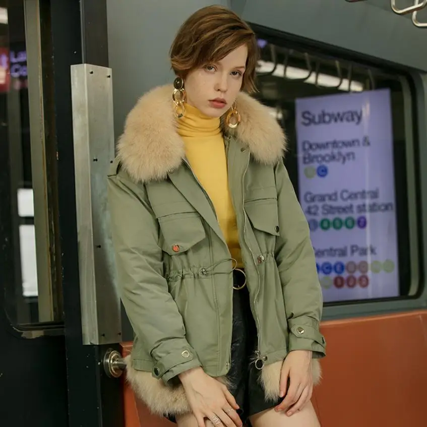 Зимняя мода, хорошее качество, длинное пуховое пальто выше колена, женский большой размер, натуральный Лисий мех, теплые пуховики F570 - Цвет: green vs yellow fur