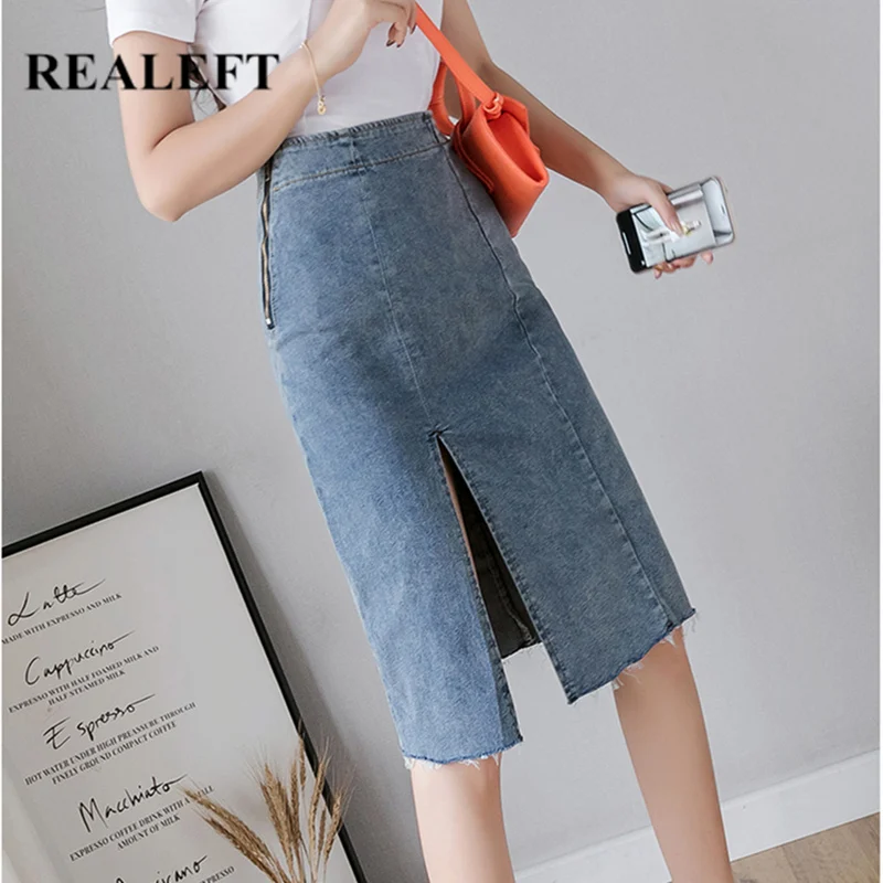 

REALEFT 2020 New Denim Sheath Wrap Skirts Spring Summer High Waist Pencil Midi Skirt Side Split Zipper Chic Skirts Womens