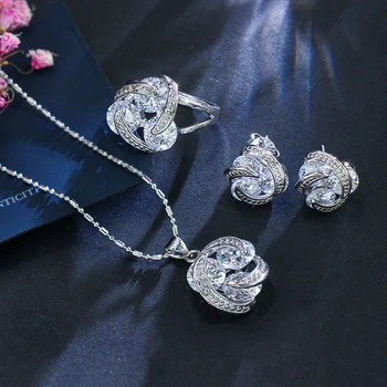 ThreeGraces New Fashion 925 Silver Jewelry Sets Cubic Zirconia Knot Earrings Necklace and Ring Set for Women Dancing Party JS124