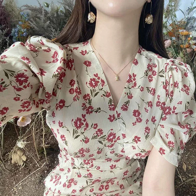 2020 Summer Fashion Chiffon A Line Dresses Korean V-Neck Lace Up Dress Female Vintage Chic Puff-Sleeve Floral Print Dress Female