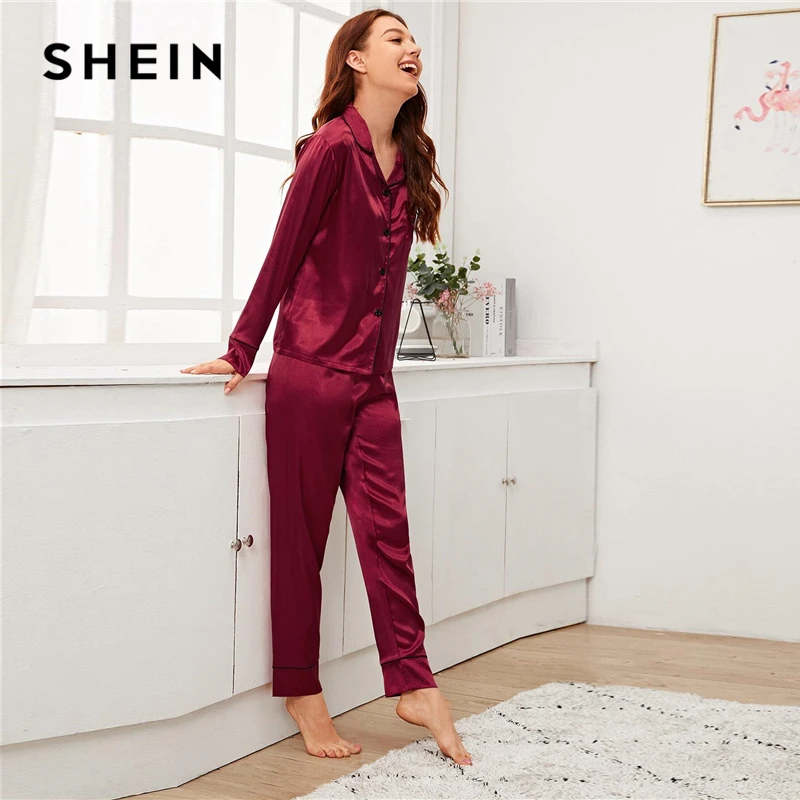 SHEIN Бургундия Зубчатый воротник сердце вышивка Атлас PJ набор для женщин пижамы Весна с длинным рукавом кнопка спереди элегантные пижамные комплекты