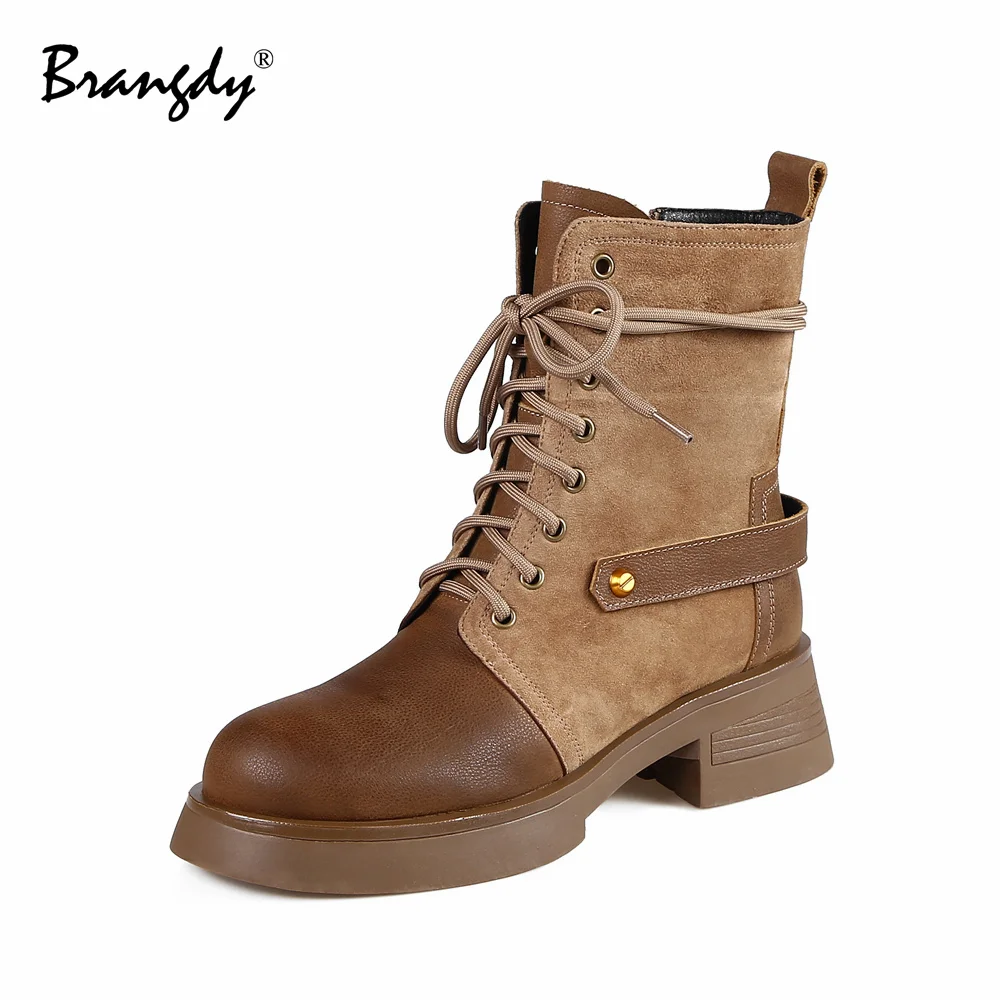 Women Boots Genuine Leather Splicing Women Shoes Mixed Colors Round Toe Women Winter Ankle Boots Fur Zipper Lace