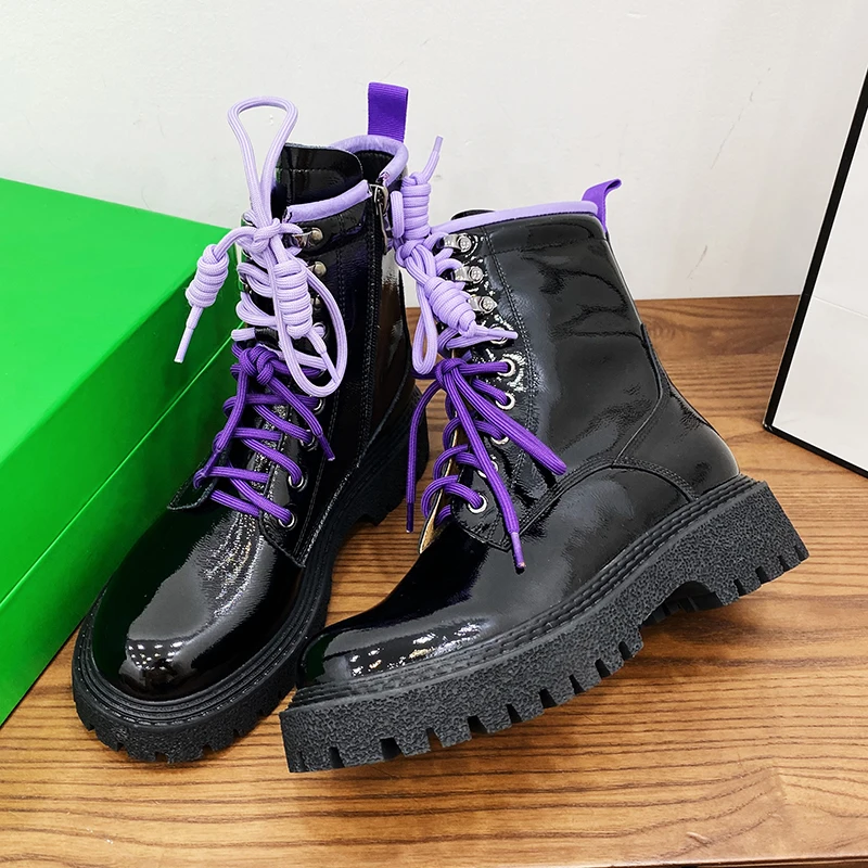 

Osunlina Patent Leather Ankle Boots Round Toe Thick Med Heels Platform High Quality Lace Up Leisure Street Fashion Lady Boots