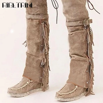 

RIBETRINI Classic Hot Sale Ladies Fashion Fringe High Shoes Retro Knee High Women Boots Elegant Sewing Autumn Boots