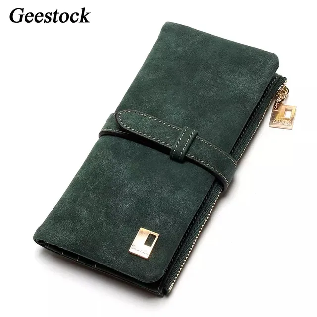 Geestock Women Wallet Coin Purse PU Matte Two Fold Wallets Zipper Mobile Phone Design Card Holder Ladies Clutches Wallet Green