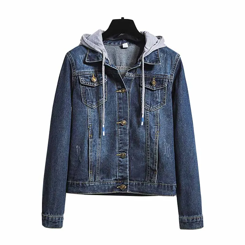 Greatest Plus Size Vintage Ripped Hole Hooded Bomber Denim Jackets 3Xl 5Xl Women Removable Grey Hood Hoodie