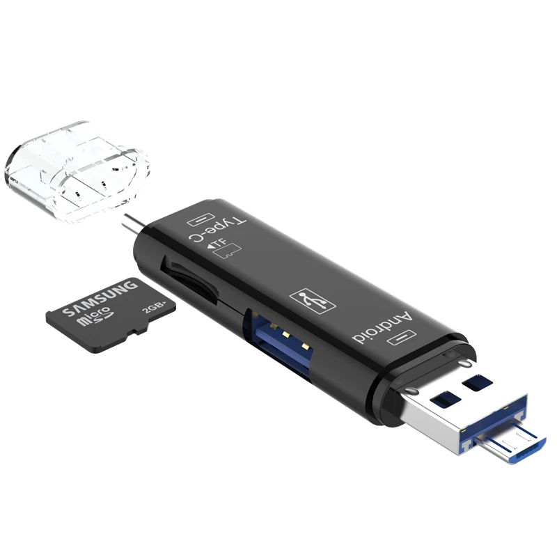 5 в 1 type-C кард-ридер Micro usb type-C OTG флэш-накопитель адаптер разъем Высокоскоростной TF OTG кард-ридер - Цвет: Черный