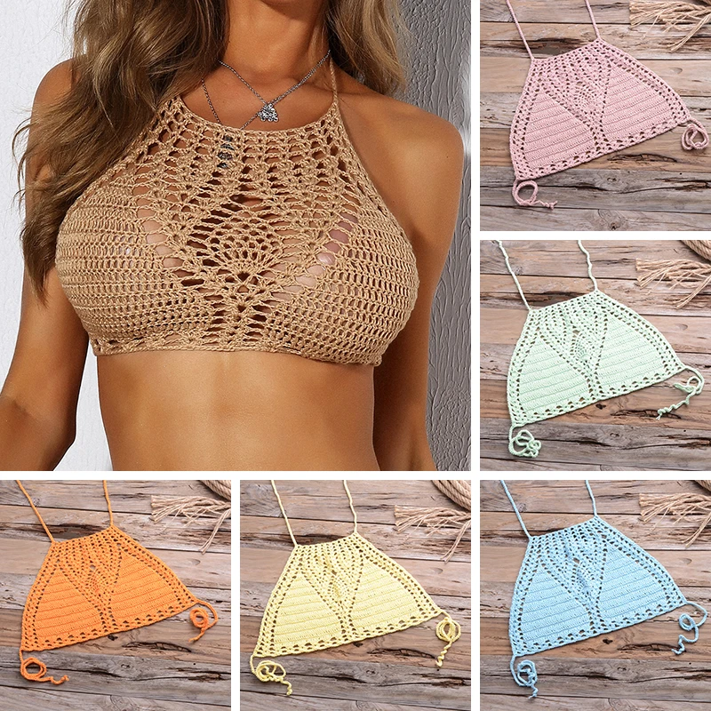 

Bikini Top Handmade Crochet Women Boho Beach Bralette Solid Halter Knitted Swimsuit Brazilian Bikinis Bathing Suit Top