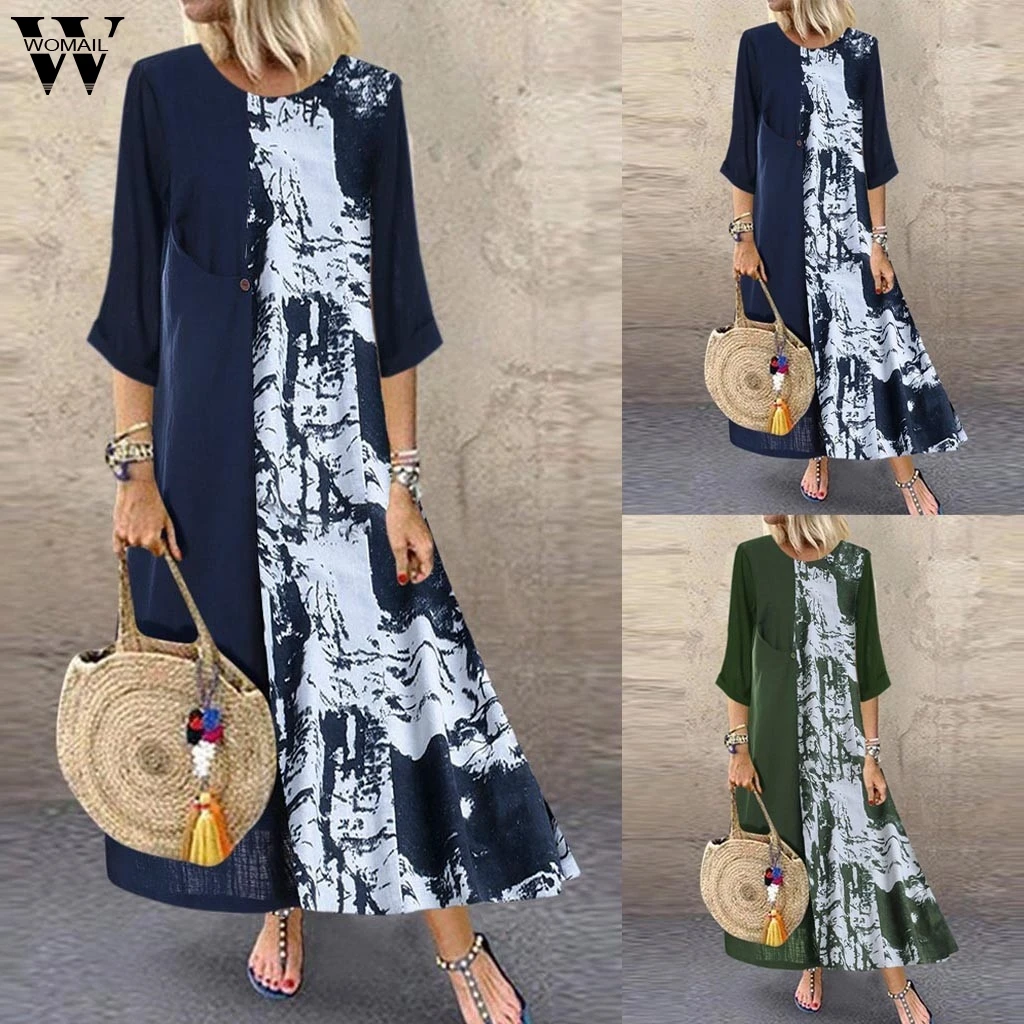 

Womail Autumn dresses women Fashion Women Print Splice Long Sleeve Button Pocket O-Neck Linen Casual Dress Loose Dress Au14