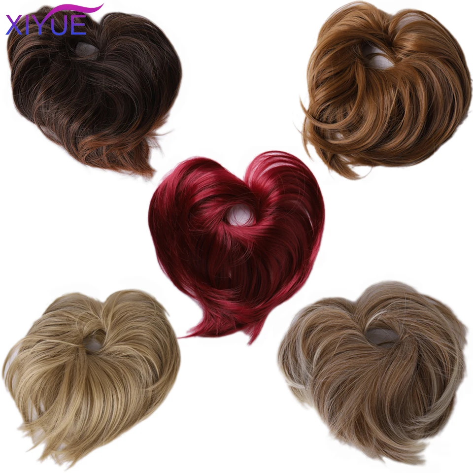 XIYUEMessy Scrunchies Donut Bun Synthetic Hair Chignon Straight Elastic Band Hair Extensions Heat Resistant Hairpieces For Women