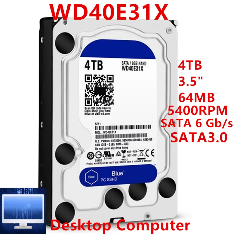 

Новый оригинальный SSHD для WD Blue 4 ТБ 3,5 "SATA 6 ГБ/сек. 64MB + 8G 5400RPM для внутреннего SSHD для настольного ПК SSHD для WD40E31X