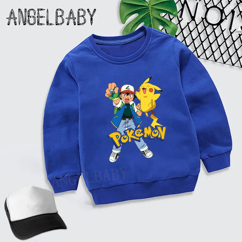 Boys Girls Sweatshirt Kids Pokemon Go Ash and Pikachu Cartoon Hoodies Children Autumn Tops Baby Cotton Clothes,KYT2171 - Цвет: 2171I-Blue