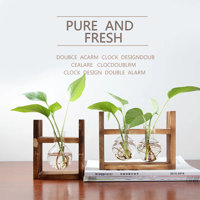 

Flowerpot Wooden Display Frame Plant Glass Bottle Vases Hydroponic Plants Transparent Flower Pot Home Decor Tabletop Vase
