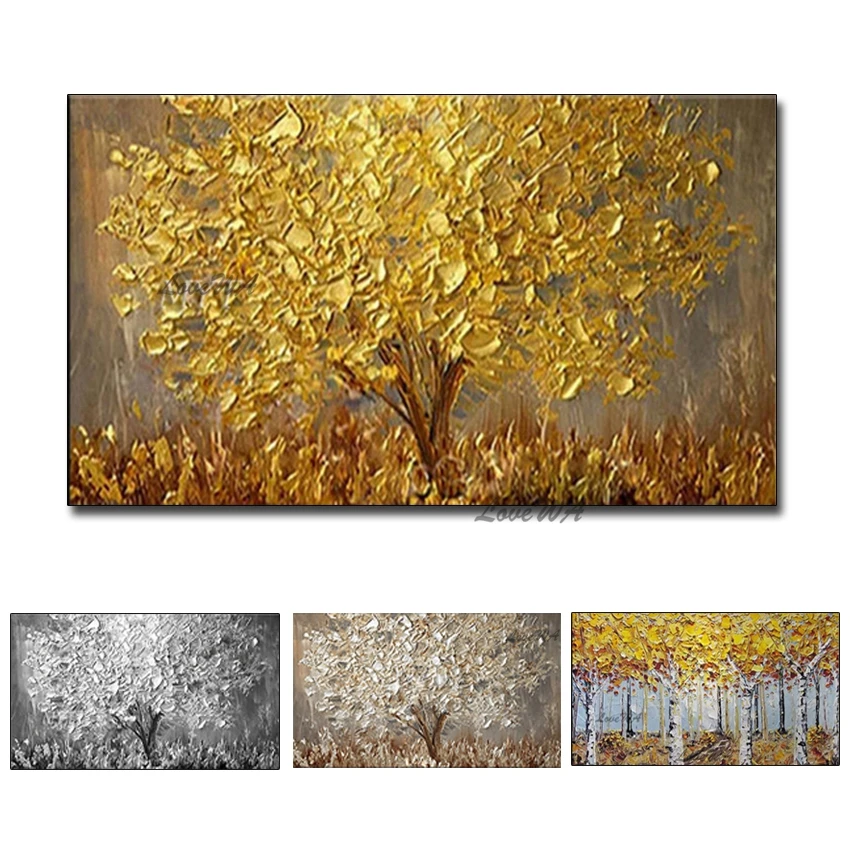 Kaufen Unframed Hand Gemalt Messer Gold Baum Ölgemälde Auf Leinwand Große Palette 3D Gemälde Für Wohnzimmer Moderne Abstrakte Wand kunst
