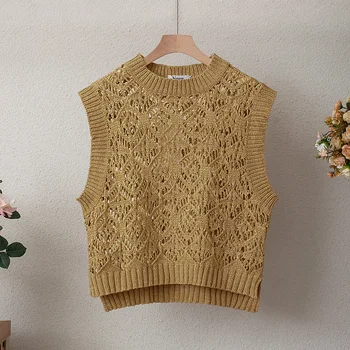 

2020 Autumn Winter Vintage Women's Mesh Vest Pullover O-Neck Hollow Solid Elegant Fashion Loose Knit Vest Top Women