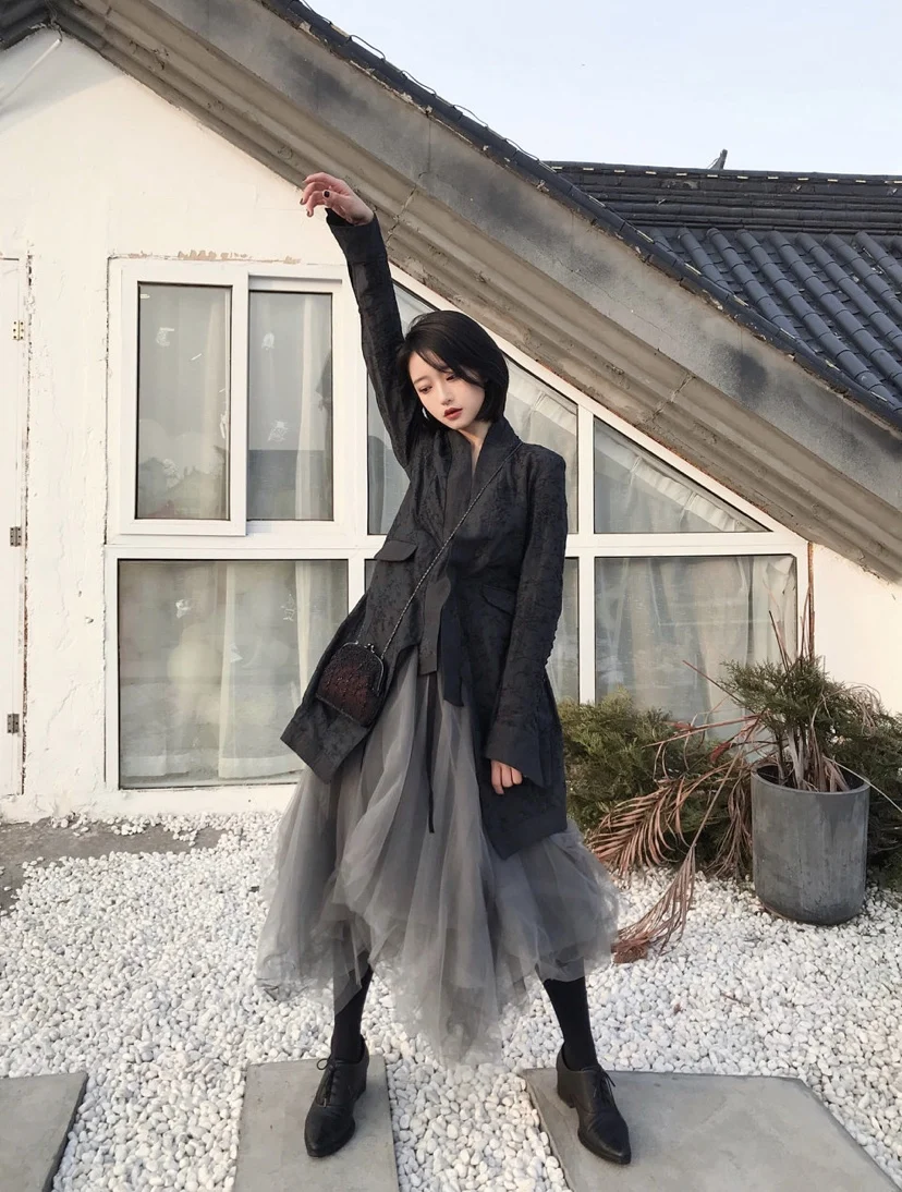 Mojoyce Gothic Gray Tulle Long Irregular Pleated Skirts Elastic High W