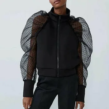 

2020 New Autumn Women High Collar Coat Polka Dot Mesh Sheer Puff Sleeve Jacket Sexy Women Tops