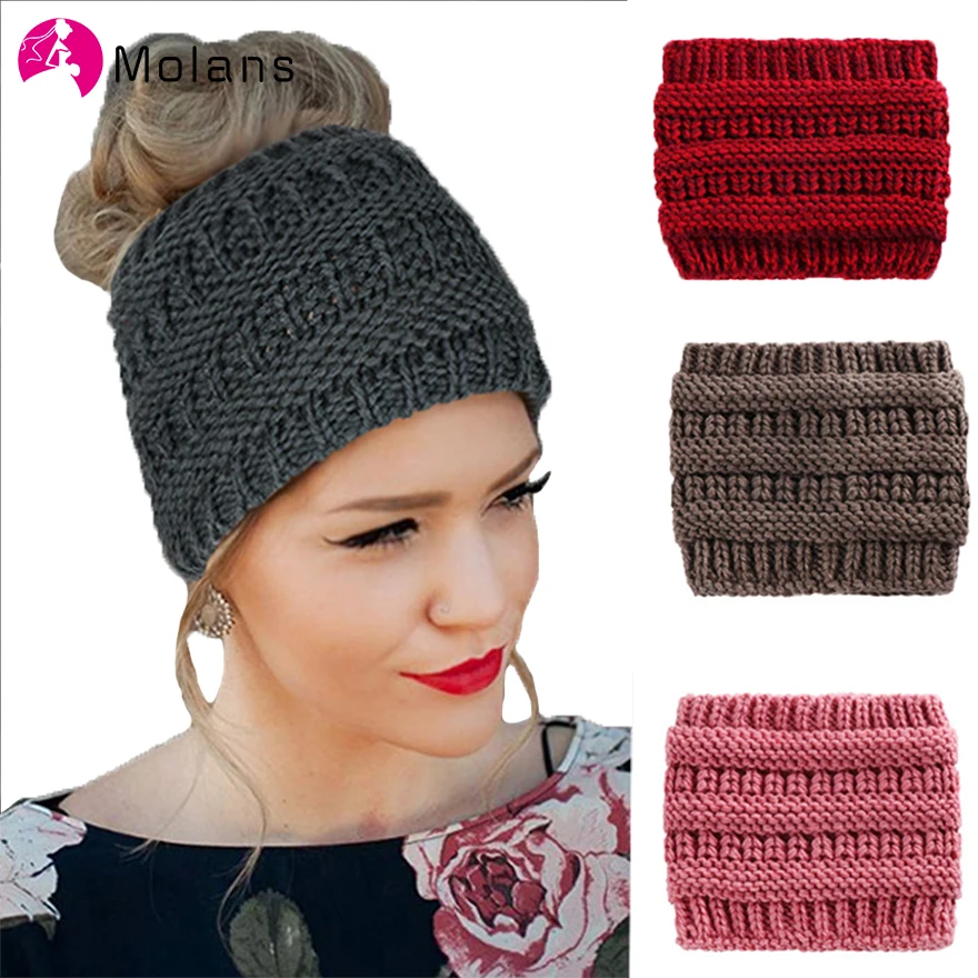 

Molans Knitted Ponytail Wool Cap Autumn And Winter White Black Women Handmade Headbands Extra Wide-brimmed Woven Solid Hairbands