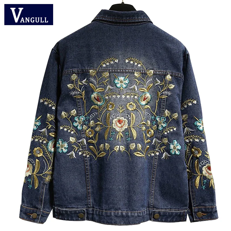 

Vangull Plus Size 5XL Embroidered Jacket Floral Denim Coat Long Sleeve Vintage Short 2019 New Fashion Women Jeans Jacket Outwear