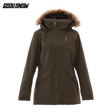 Army Green GSOU зимняя женская лыжная куртка, куртка для сноуборда, зимняя одежда, ветронепроницаемая Водонепроницаемая меховая уличная спортивная одежда, женское утепленное пальто - Цвет: Army Green