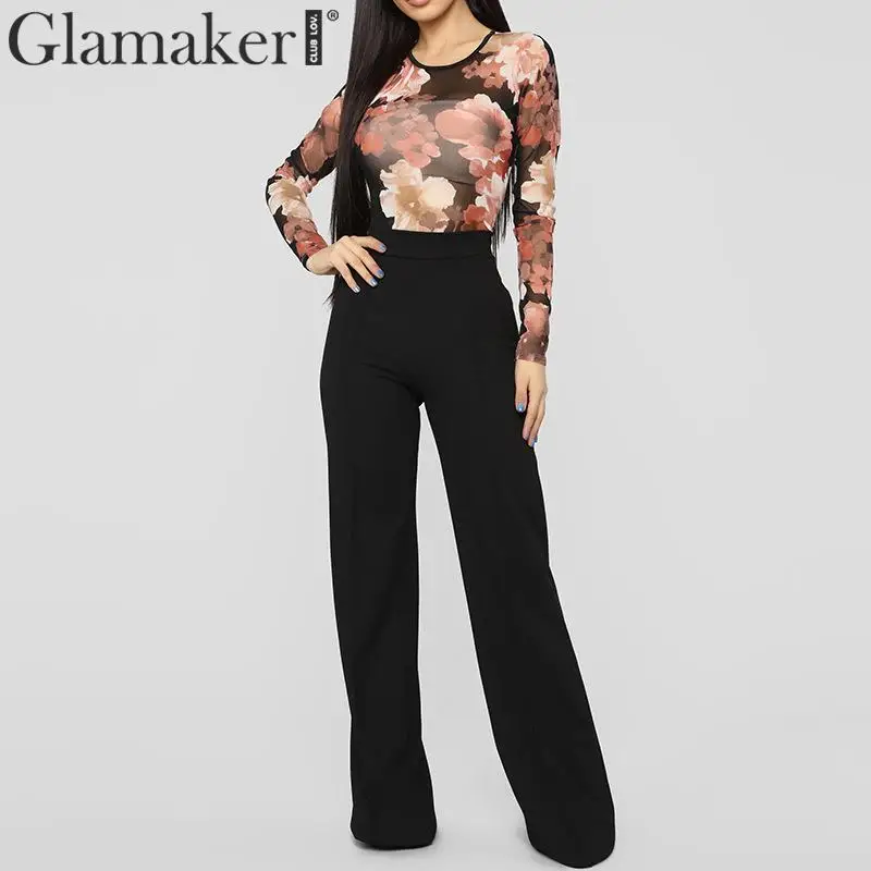 Glamaker Сетчатое прозрачное боди с принтом розы, сексуальное элегантное боди Ренессанс, женское уличное боди с длинным рукавом, Новинка