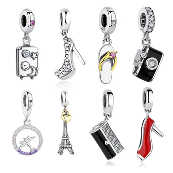 

100% 925 Sterling Silver Charm Bead Suitcase High Heels Travel On The World Bead Fit Original Pandora Charm Bracelet DIY Jewelry