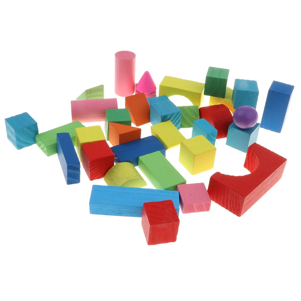 34Pcs Classic Wooden Building Blocks Set w/Basic Build & Play Stacking Toy