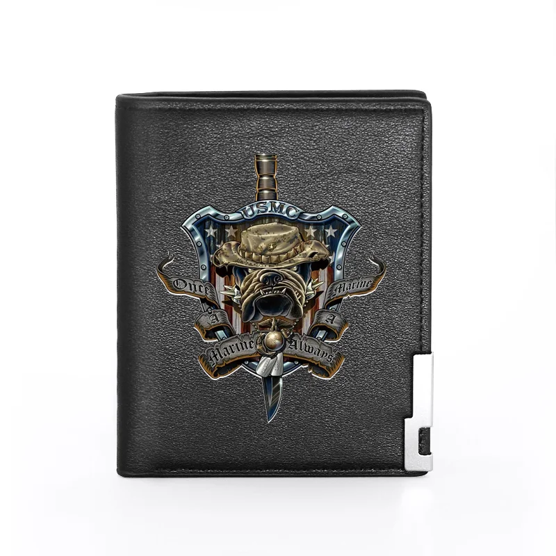 

Classic American Soldiers USMC Printing Black Leather Wallet Men Women Bifold Credit Card Holder Short Purse Male