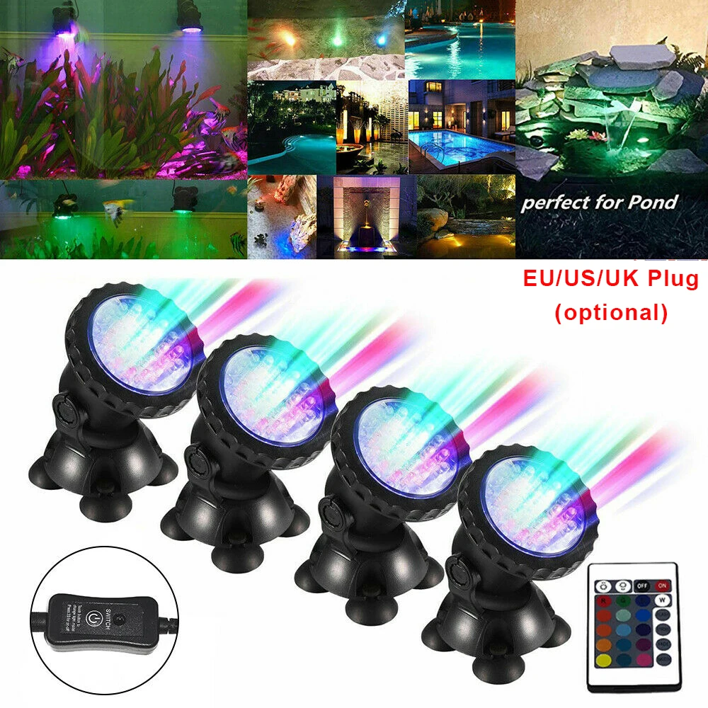 1 Set 4 Lights LED Underwater Spot Light Waterproof RGB Aquarium Lamp with Remote Control Garden Fountain Pond Underwater Lamp