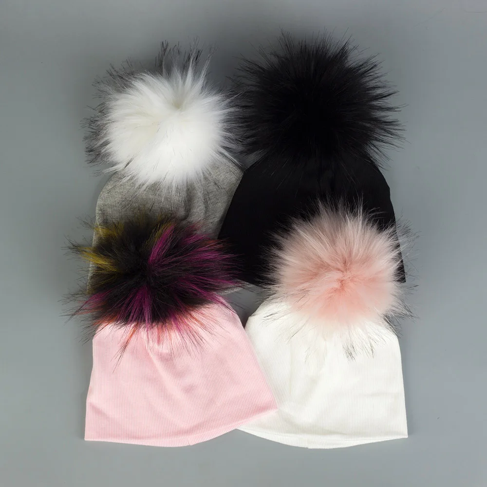 Newborn Baby Boys Girls Cotton Beanies Hats With Big Faux Fur Pompom Solid Cute Girls Hats Cap Hair Accessories