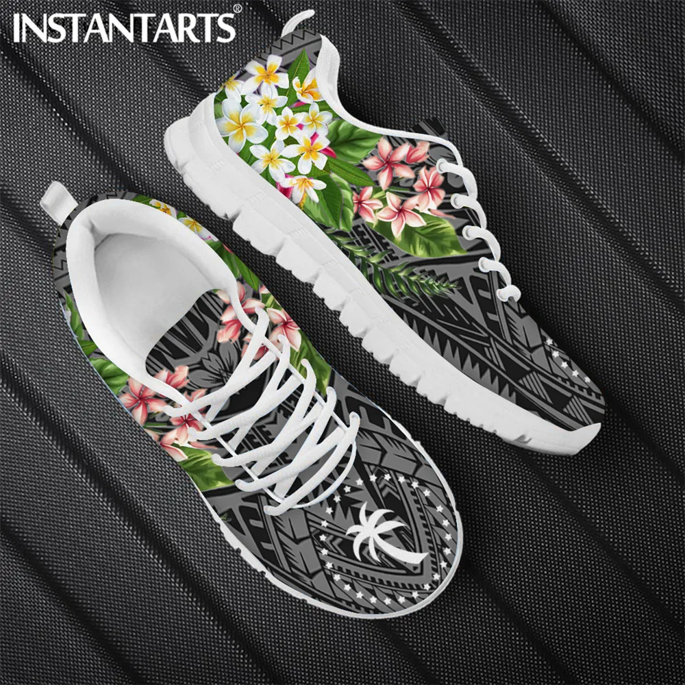 

INSTANTARTS Chuuk Polynesian Tribal Hibiscus Plumeria Print Spring Hawaii Sneaker Women Flats Footwear Lace Up Walking Shoe 2021