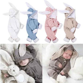 

Winter Children Baby Long Sleeves Rompers Warm Cute Bunny Ears Hooded Jumpsuit Rompers Infant Kids Cotton Winter Outfits Costume