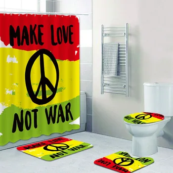 

Hippie Rasta Colors Make Love Not War Shower Curtain Rasta Reggae Peace Logo Bathroom Curtain Mats Set for Toilet Jamaica Flag