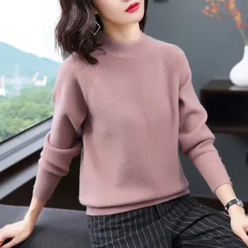 

Pure cotton half high collar bottoming blouse women's solid slim fit middle neck T-shirt with long sleeves