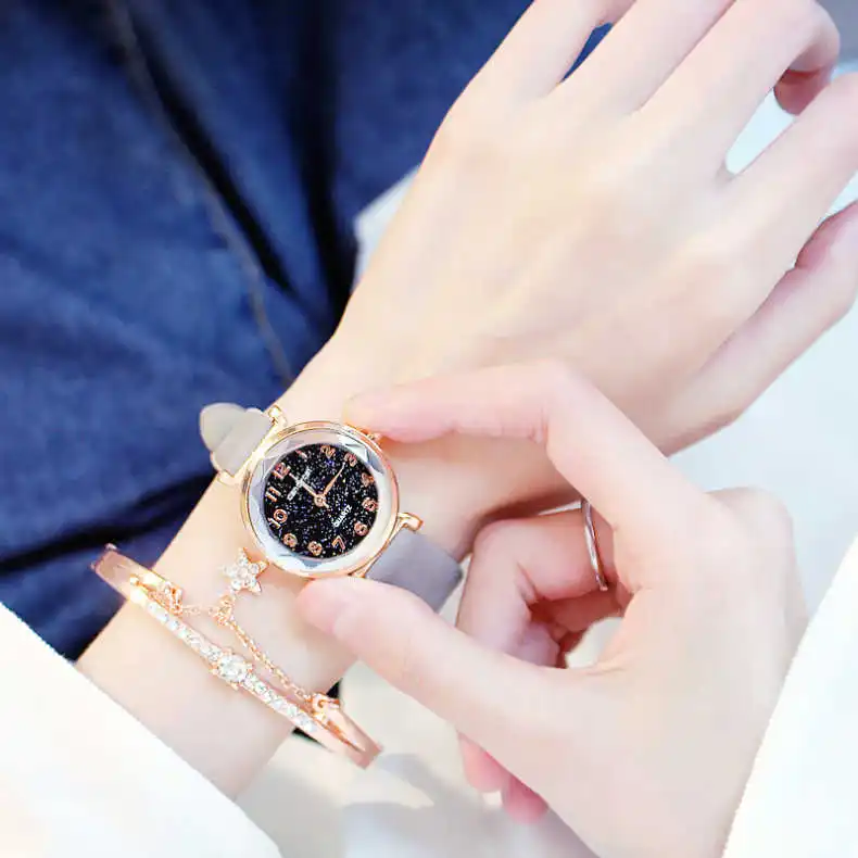 Женские часы-браслет, повседневные женские романтические наручные часы звездного неба, кожаные простые нарядные часы, кварцевые наручные часы, relogio feminino