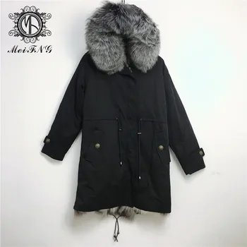 

Black new 2019 high-quality long parka Silver fox collar color matching fox lining with hoodies mr&mrs winter coat