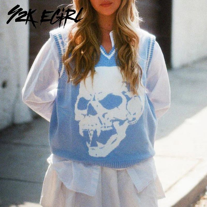 

Y2K EGIRL Punk Style Oversized Skulls Graphic Sleeveless Tank Tops Vintage V-neck Knitted Sweater Vest Autumn Loosed School Pull
