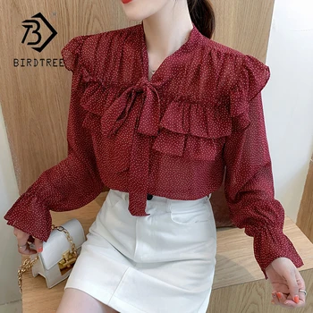 

Elegant Women Dot Ruffled Chiffon Bow Neck Trumpet Sleeve Shirt Casual Blouse Korean 2020 Spring T9D017M