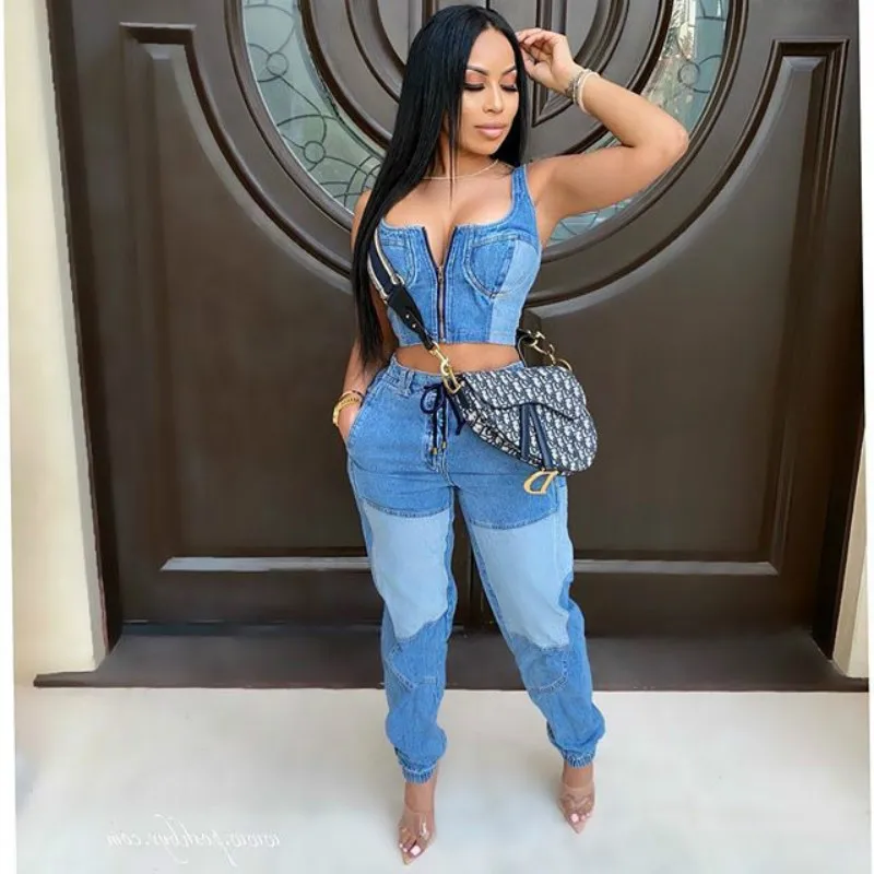 Denim Patchwork Women's Set Crop Tops 
