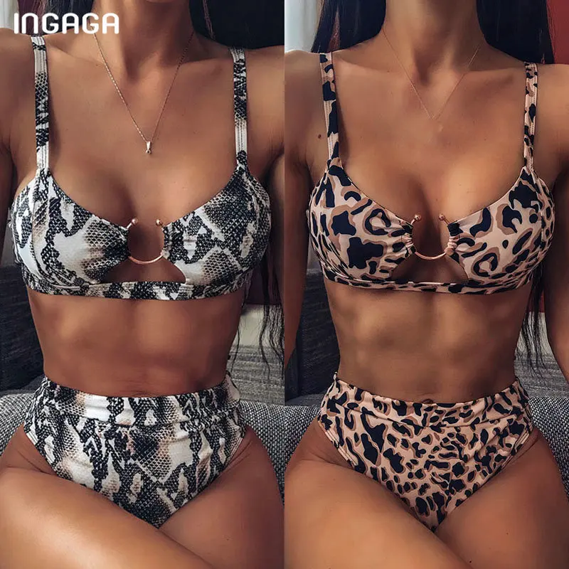 

INGAGA High Waist Bikini 2020 Push Up Biquini Leopard Swimsuits Cut Out Swimwear Women Ring Bathing Suit New Brazilian Bathers