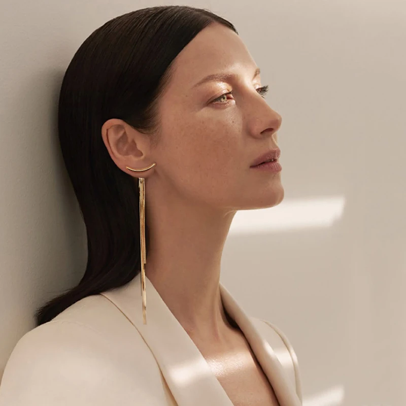 Vintage Gold Color Bar Long Thread Tassel Drop Earrings for Women Glossy Arc Geometric Korean Earring Fashion Jewelry 2020 New