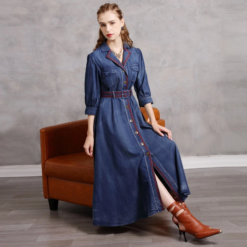 Primavera vestido de mujer largo Maxi azul Denim Vintage vestidos Casual bordado de color liso de algodón de las mujeres de traje Longue Sukienki|Vestidos| - AliExpress