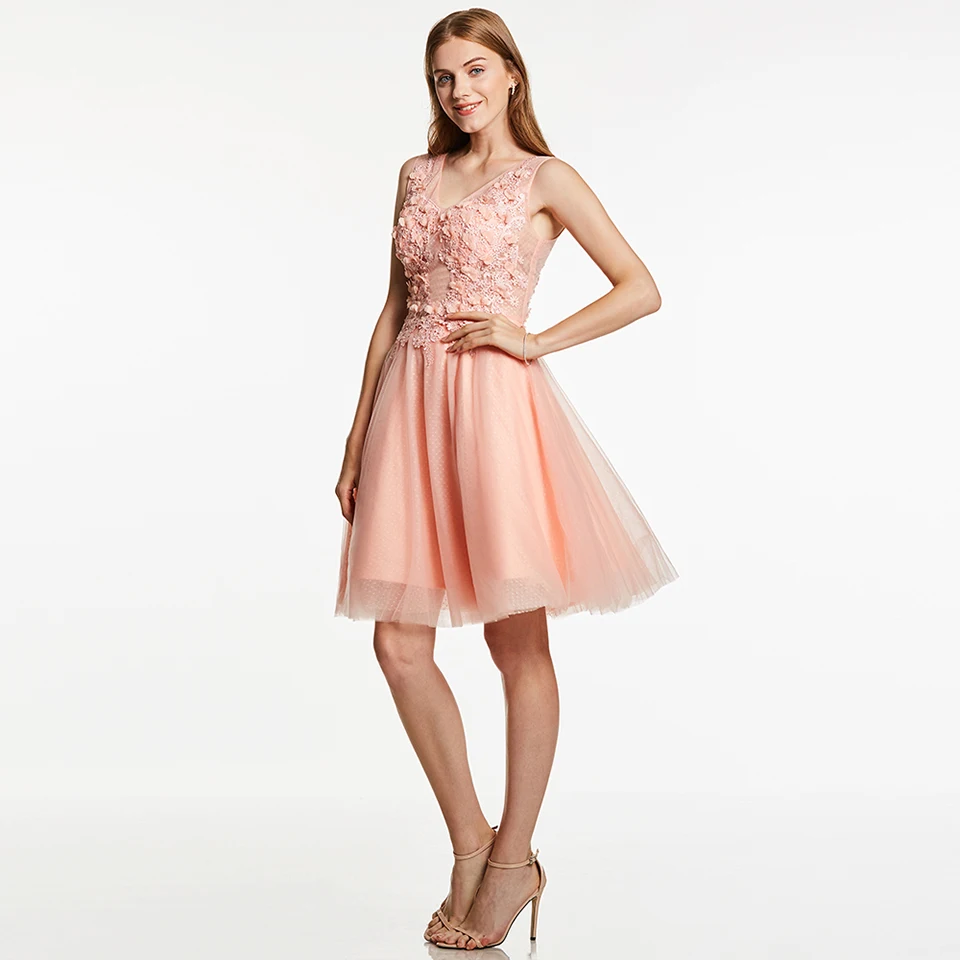 Розовый Dressv коктейльное платье с аппликацией, розовое, v-образный вырез, без рукавов, длина по колено, ТРАПЕЦИЕВИДНОЕ вечернее платье с вышивкой бисером, Короткие коктейльные платья для девушек - Цвет: Розовый