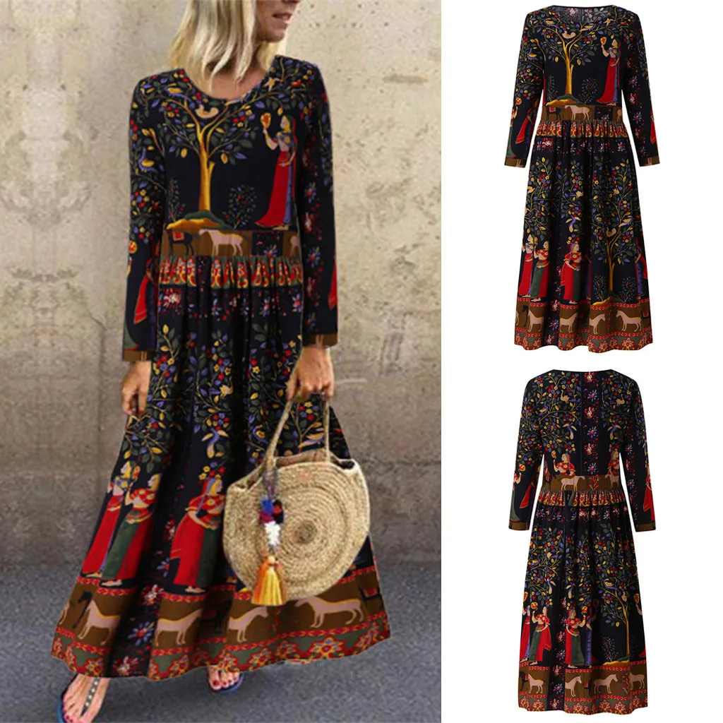 JAYCOSIN Christmas boho long dress women winter vintage dresses plus size Splicing Floral Printed long seleve retro vestidos