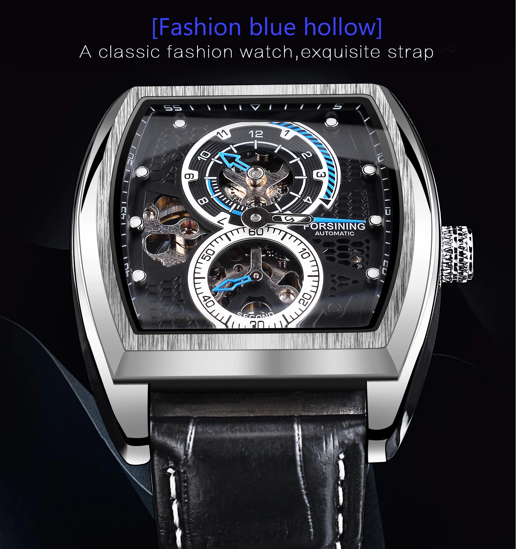 Forsining Black Dial Waterproof Automatic Mechanical Watch Skeleton Rectangle Military Watches With Bule Pointer Genuine Leather