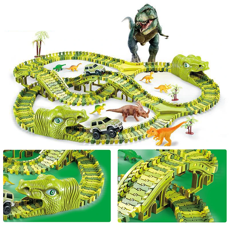 Flash-Light Rail-Track Electronic Car-Toys Dinosaur Children Diy Toy Bend Gift Led Kids