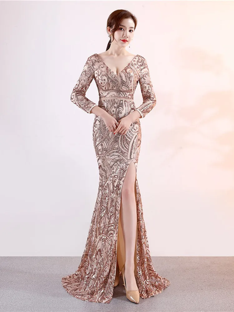 Skyyue вечернее платье с v-образным вырезом женские вечерние платья с открытой спиной халат на молнии De Soiree 2019 длинный рукав Сплит блесток