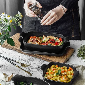 

KINGLANG Matte Black Baking Plate Cheese Rice Ceramic Baking Dish Bowl