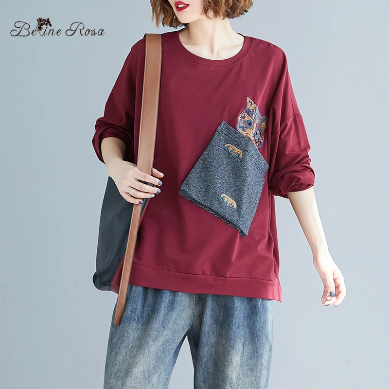 BelineRosa женские осенние футболки с большим карманом и длинным рукавом свободного покроя размера плюс женская одежда JYYC0016