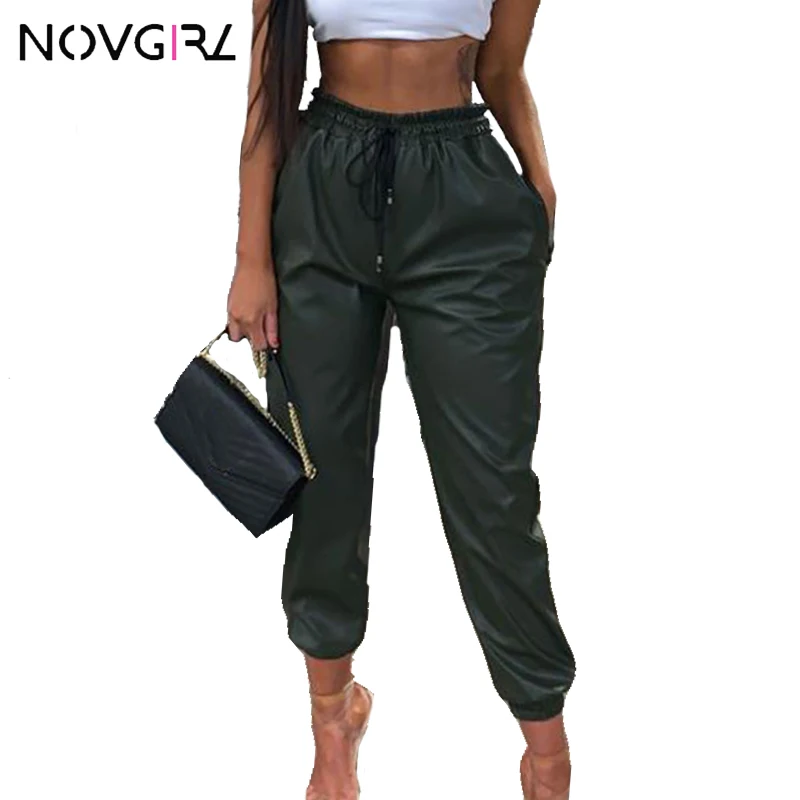

Novgirl Faux PU Leather Sexy Pencil Pants Women 2019 Winter Drawstring High Waist Pocket Fashion Pants Streetwear Trousers Black